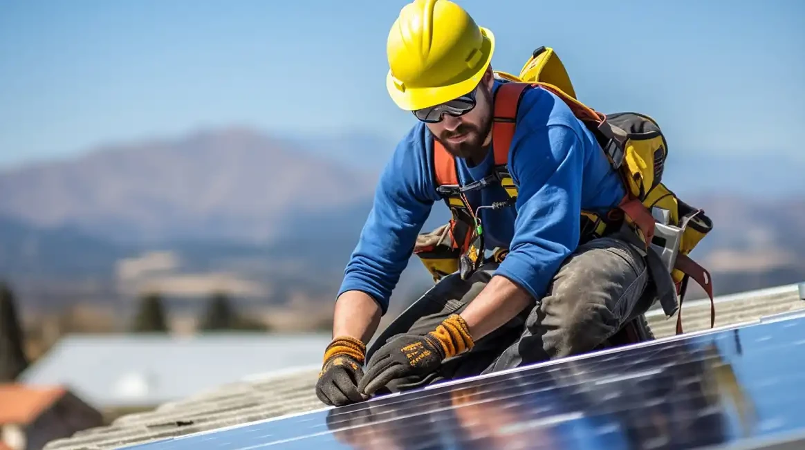 Homem instalando painéis solares no telhado de uma casa, com capacete amarelo, roupas de segurança e painel solar na cobertura.