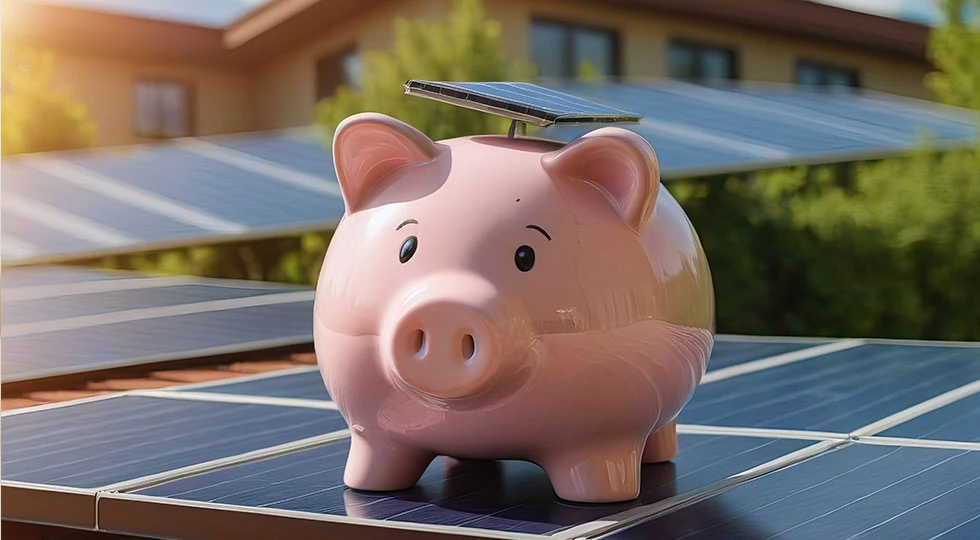 Porquinho de cerâmica rosa com painéis solares em um telhado residencial, simbolizando economia de energia e sustentabilidade com energia solar.