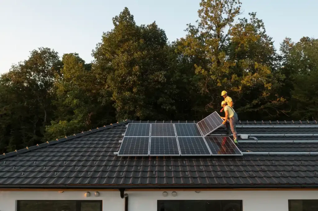 Engenheiros instalando painéis solares em telhado de residência, promovendo energia limpa e sustentável, com fundo de árvores verdes e céu claro.