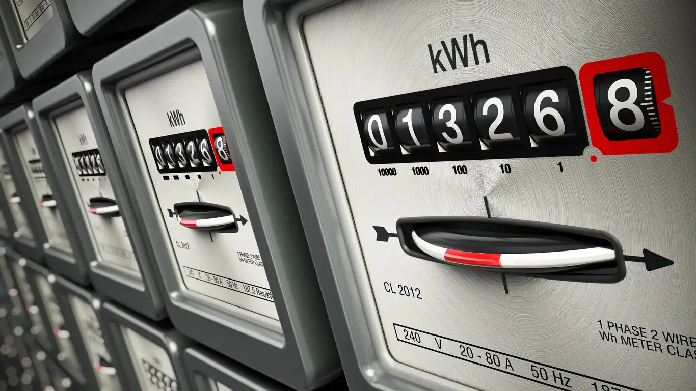 Imagem de medidores de energia elétrica mostrando o consumo em kWh, com destaque para o marcador de leitura de 8. Reflita o controle de energia e eficiência energética.