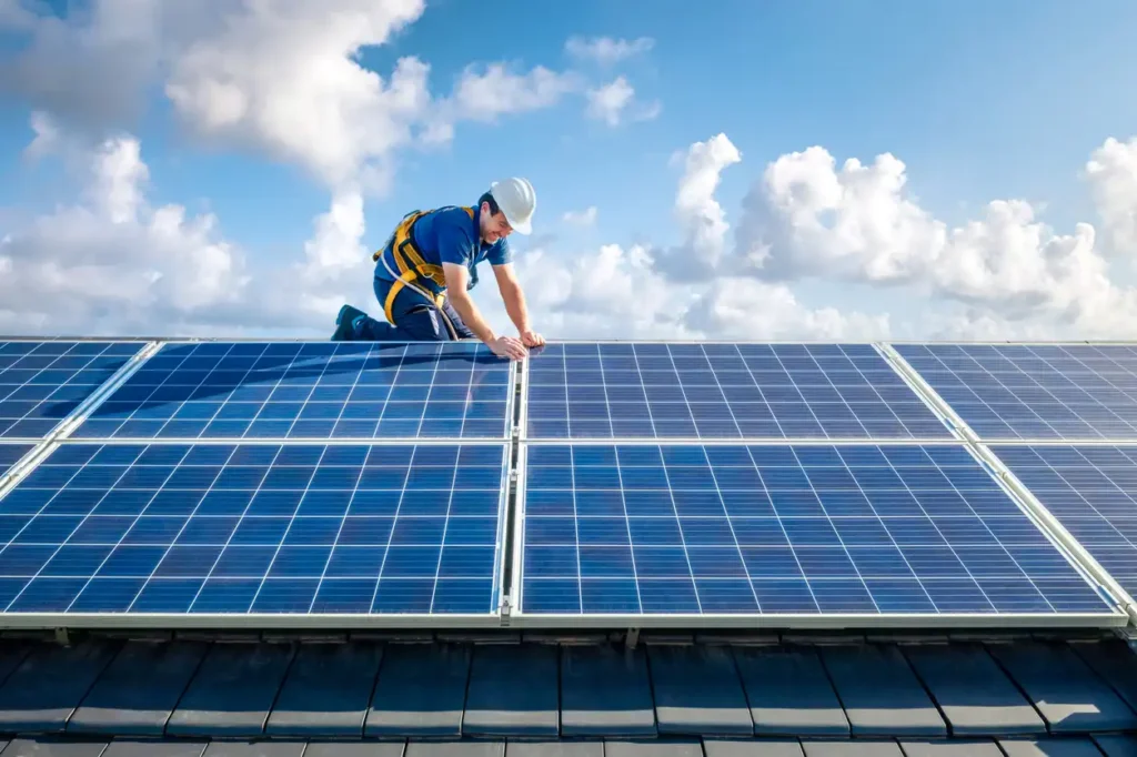 Engenheiro instalando painéis solares em um telhado sob céu azul com nuvens, promovendo energia renovável e sustentabilidade.