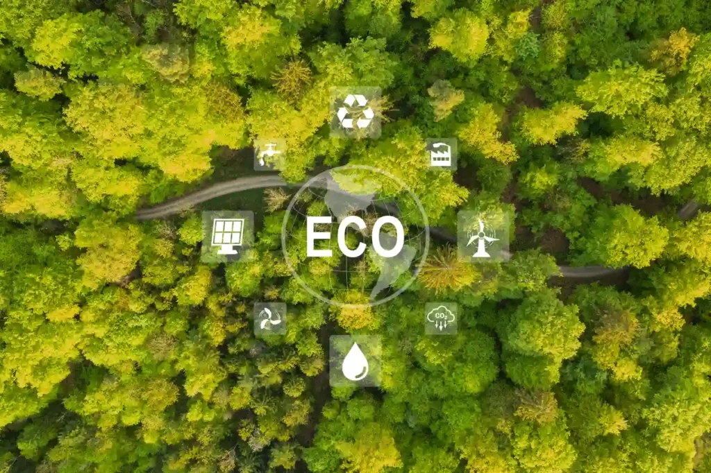 Imagem aérea de uma floresta verdejante com elementos gráficos representando sustentabilidade, energia renovável, reciclagem e preservação ambiental, destacando a importância do conceito ECO.