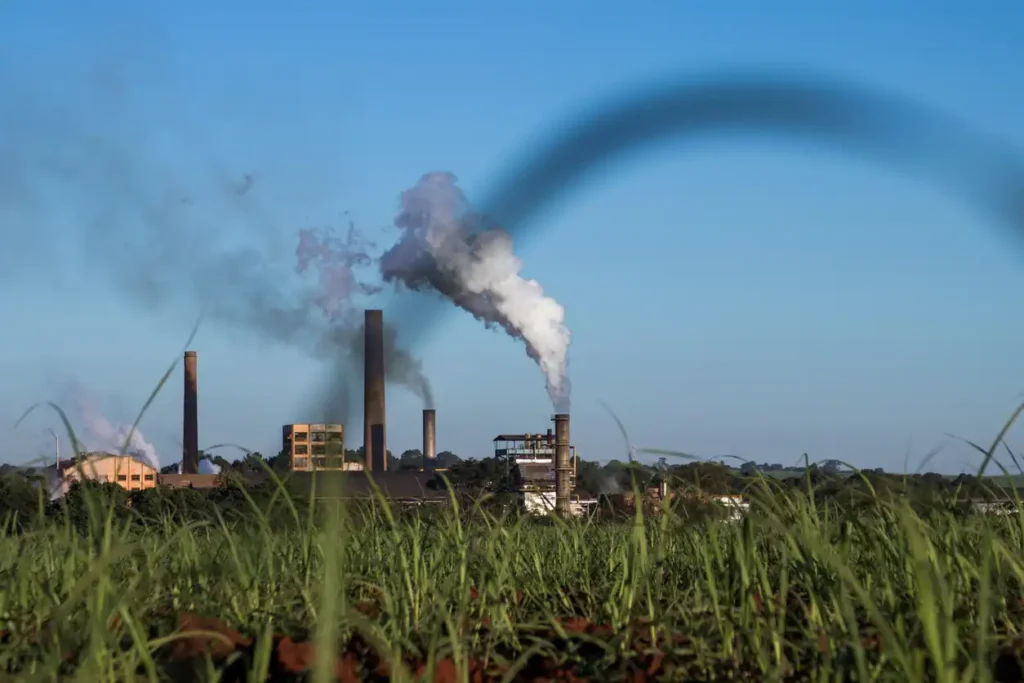 Indústria poluidora emitindo fumaça de suas chaminés com a vista de um campo de grama na frente, simbolizando os impactos da poluição atmosférica na natureza.