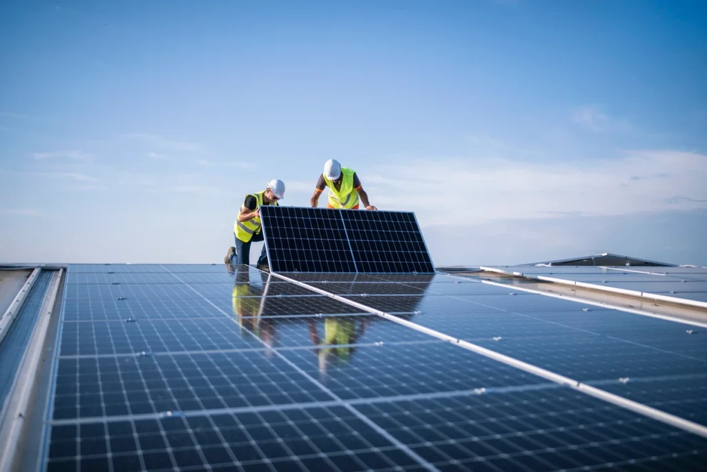 Trabalhadores instalando painéis solares em telhado, promovendo energia solar renovável e sustentável.