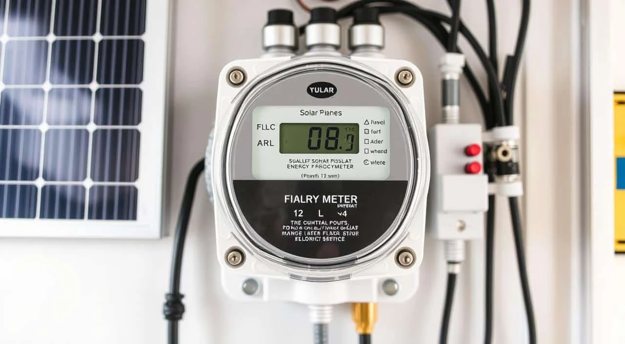 Medidor de energia solar instalado com painéis solares ao fundo, mostrando o consumo de energia e promovendo energia renovável sustentável.