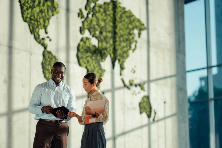 Profissional e empresária conversando em ambiente corporativo com mapa-múndi na parede ao fundo, representando negócios globais e crescimento sustentável.